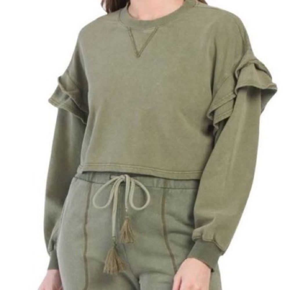 Olive Army Green Oversized Distressed Cropped Boxy Sweatshirt